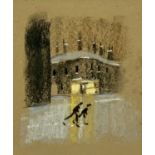 HAROLD RILEY charcoal and pastel - two figures before illuminated building, 21 x 17cms Provenance: