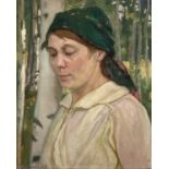 RUSSIAN SCHOOL oil on canvas - head and shoulder portrait of a lady wearing headscarf, signed in