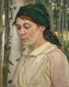 RUSSIAN SCHOOL oil on canvas - head and shoulder portrait of a lady wearing headscarf, signed in