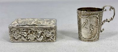 VICTORIAN & LATER EMBOSSED SILVER TRINKETS x 2, comprising small scroll handled tankard, London