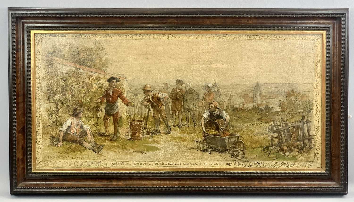 19TH CENTURY FRENCH SCHOOL oil on canvas - grape pickers in vineyard, 36 x 77cms - Image 2 of 3