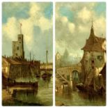 19TH CENTURY CONTINENTAL oil on canvas, a pair - waterside buildings with figures and boats, 29.5