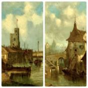 19TH CENTURY CONTINENTAL oil on canvas, a pair - waterside buildings with figures and boats, 29.5