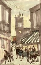 ‡ HAROLD RILEY DL DLITT FRCS DFA ATC (1934-2023) colour print - street scene with figures, and