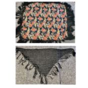 VICTORIAN BLACK BEADWORK TRIANGULAR SHAWL, approx. 86 x 190cms, and multi-coloured floral shawl,