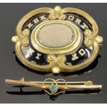 VICTORIAN PINCHBECK & BLACK ENAMEL MOURNING BROOCH & A 9CT GOLD BAR BROOCH, the larger item in