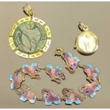 TWO 14CT GOLD NECKLACE PENDANTS & A SILVER AND ENAMEL ELEPHANT BRACELET, the pendants both