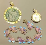 TWO 14CT GOLD NECKLACE PENDANTS & A SILVER AND ENAMEL ELEPHANT BRACELET, the pendants both