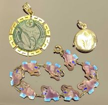 TWO 14CT GOLD NECKLACE PENDANTS & A SILVER AND ENAMEL ELEPHANT BRACELET, the pendants both
