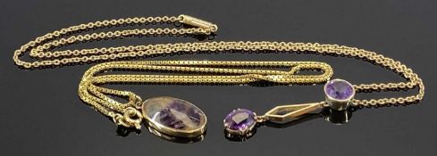 TWO GOLD SEMI-PRECIOUS STONE SET NECKLACES, including a 9ct gold barrel clasp curb link necklace,