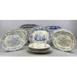 BLUE & WHITE TRANSFER DECORATED OVAL MEAT PLATES, 19th Century, including an oval serving plate,