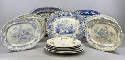 BLUE & WHITE TRANSFER DECORATED OVAL MEAT PLATES, 19th Century, including an oval serving plate,