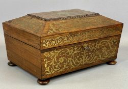 REGENCY BRASS INLAID ROSEWOOD WORKBOX of sarcophagus form, the lacquered brass inlay of floral