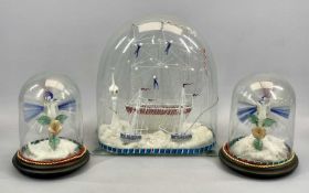 VICTORIAN GLASS FRIGGER SHIP & TWO SMALLER UNDER GLASS DOME, 36cms H and 2 x spun glass birds