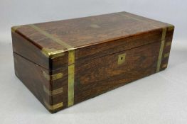 VICTORIAN BRASS BOUND ROSEWOOD WRITING BOX, the hinged lid enclosing interior with compartments