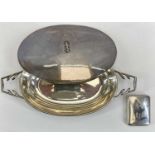 MIDDLE EAST WHITE METAL CIGARETTE CASE & A STYLISH SILVER PLATED ENTREE DISH AND COVER, the