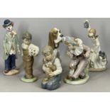 FIVE NAO FIGURINES 22cms H (the tallest) and a Lladro clown figurine, 22.5cms H