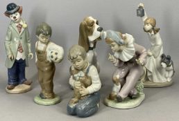 FIVE NAO FIGURINES 22cms H (the tallest) and a Lladro clown figurine, 22.5cms H