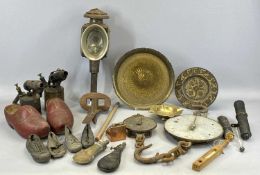 MIXED METALWARE & COLLECTABLES, including 19th Century metal coaching lamp, leather shot-flask,