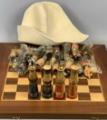 KYRGYZSTAN FOLDING INLAID WOOD CHESS BOARD with hand painted wooden chess men, the Kings 15cms H,