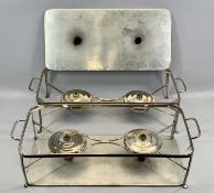 TWO STAINLESS STEEL & ALUMINIUM RECTANGULAR HOT PLATES with side handles, 16cms H, 62cms W, 27cms D