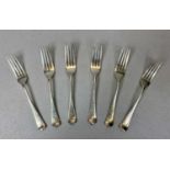 SET OF SIX NEAR MATCHING SILVER TABLE FORKS, LONDON HALLMARKS, 2 x dated 1874, maker Josiah Williams