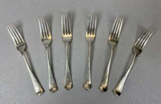 SET OF SIX NEAR MATCHING SILVER TABLE FORKS, LONDON HALLMARKS, 2 x dated 1874, maker Josiah Williams