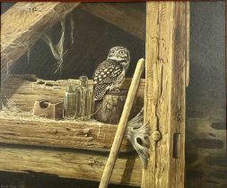 ‡ GARETH PARRY (British, b. 1951) oil on board - Little Owl perched in barn with rusty paint tin,