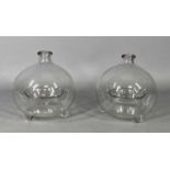 VICTORIAN BLOWN GLASS FLY CATCHERS x 2, each of circular form and standing on three feet, 16cms H (