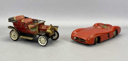 1950s MERCEDES BENZ W196 FRICTION DRIVE TINPLATE TOY CAR BY JOHANN NEUHIERL FURTH, 27cms L, and a