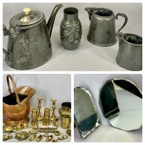 ANTIQUE METAL WARE & OTHER ITEMS including 19th Century copper helmet coal scuttle with swing