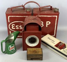 VINTAGE PAINTED METAL PETROL TINS x 2, ESSO & BP, with brass caps, vintage Veritas red painted steel