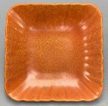 ROYAL LANCASTRIAN ORANGE MOTTLE GLAZED DISH, of square scalloped form, impressed marks, no. 2539,