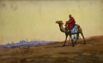 GIOVANNI BARBARO (Italian. 1864-1915) watercolour - camel and rider, titled verso 'Cairo from the