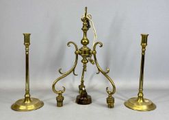 VINTAGE BRASS THREE-BRANCH CHANDELIER CEILING LIGHT FITTING, with scroll arms, 43cms H, and an