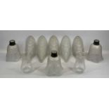 OPALESCENT GLASS WALL UPLIGHTERS, SET OF 5, approx. 33cms H, 3 x vintage etched glass light shades