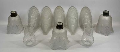 OPALESCENT GLASS WALL UPLIGHTERS, SET OF 5, approx. 33cms H, 3 x vintage etched glass light shades