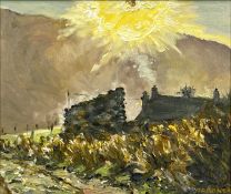 KEITH GARDNER RCA (b. 1933) oil on board - titled verso 'In to the Sun, Gelli Capel Curig', dated