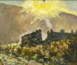 KEITH GARDNER RCA (b. 1933) oil on board - titled verso 'In to the Sun, Gelli Capel Curig', dated