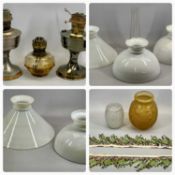 VARIOUS WHITE OPAQUE GLASS CONICAL LIGHT SHADES, 2 x metal oil lamps, glass oil lamp and other