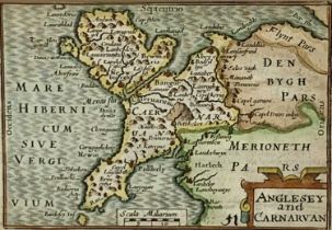 PIETER VAN DEN KEERE hand coloured engraved map - Anglesey and Caernarvan, circa 1627, double-sided,