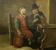 CONTINENTAL SCHOOL oil on board, 19th century - two figures in tavern interior, unsigned, 19.5 x