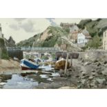 E L CLARK (British, 20th Century) watercolour - harbour at low tide with buildings to side, signed