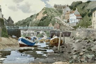 E L CLARK (British, 20th Century) watercolour - harbour at low tide with buildings to side, signed