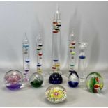 GALILEO THERMOMETERS x 4, 43cms (the tallest), a glass encased egg timer, 22cms H, and 6 x