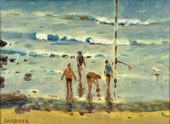 KEITH GARDNER RCA (b. 1933) oil on board - titled verso 'Four Paddlers, Rhos on Sea, North Wales',