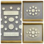 THREE FRAMED GROUPS OF PLASTER CAMEOS / INTAGLIOS after Grand Tour originals and comprising a