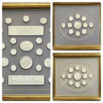 THREE FRAMED GROUPS OF PLASTER CAMEOS / INTAGLIOS after Grand Tour originals and comprising a