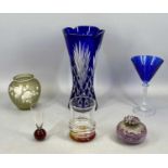 BOHEMIA-TYPE BLUE OVERLAID CLEAR CUT GLASS VASE, 30cms H, a cameo tambor glass vase with floral