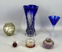 BOHEMIA-TYPE BLUE OVERLAID CLEAR CUT GLASS VASE, 30cms H, a cameo tambor glass vase with floral